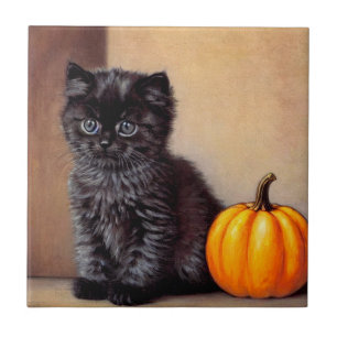 Vintage Halloween Black Kitten Illustration Tile