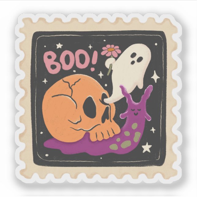 Vintage Halloween "Boo!" Skull & Ghost Stamp (Front)