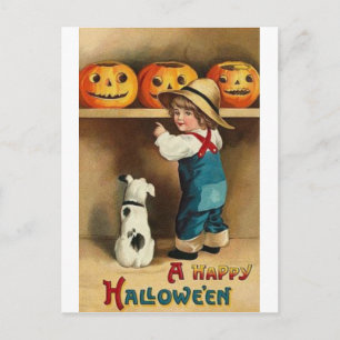Vintage Halloween Boy, Puppy and Jack-o-lantern Postcard