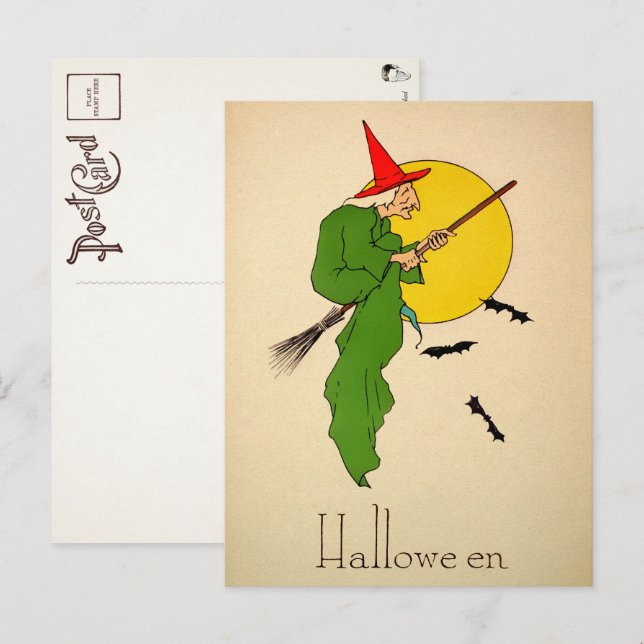 Vintage Halloween Broom Witch Postcard (Front/Back)