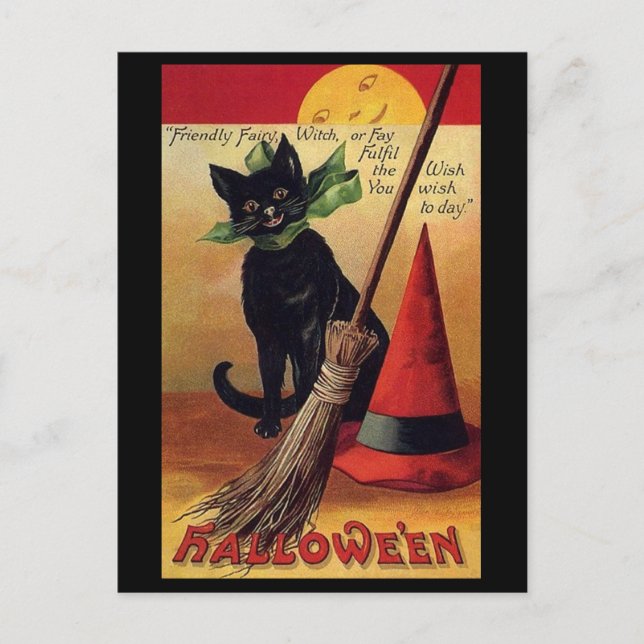 Vintage Halloween by Ellen Clapsaddle, Black Cat Postcard (Front)