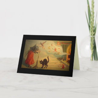 Vintage Halloween card Old crone with cat