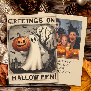 Vintage Halloween Card with Ghost & Pumpkin with