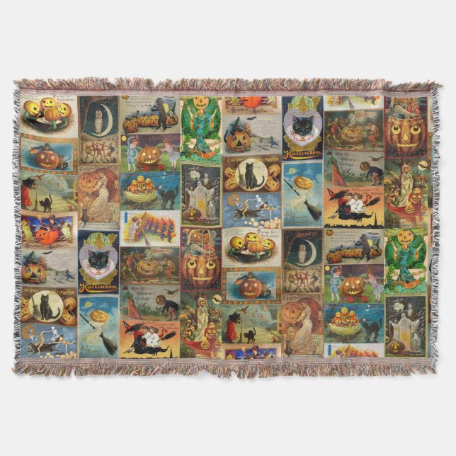Vintage Halloween Cards Collage Throw Blanket (Front)