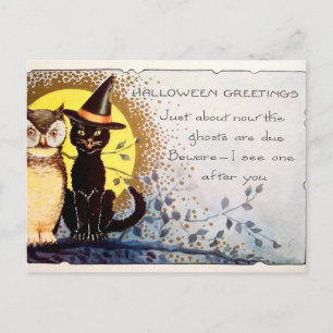 Vintage Halloween cat and owl postcard