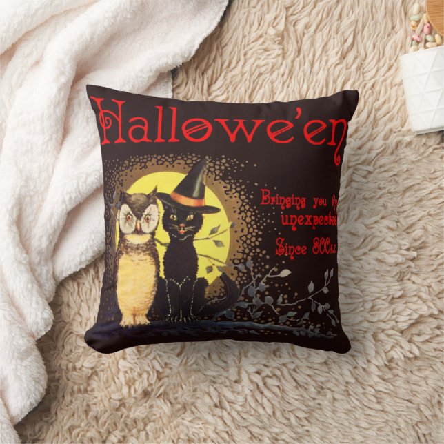 Vintage Halloween Cat and Owl Throw Pillow (Blanket)