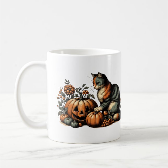 Vintage Halloween Cat and Pumpkin Coffee Mug (Left)
