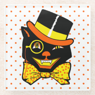 Vintage Halloween Cat in Top Hat Glass Coaster