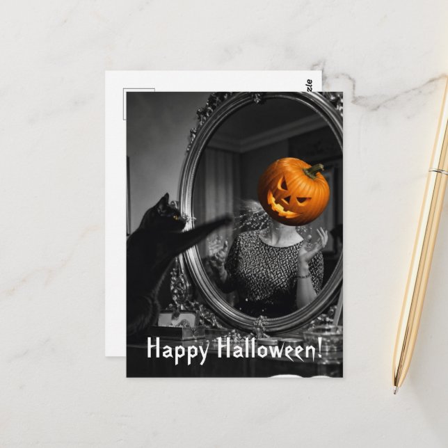 Vintage Halloween Cat Knocks Jackolantern Head off Postcard (Front/Back In Situ)