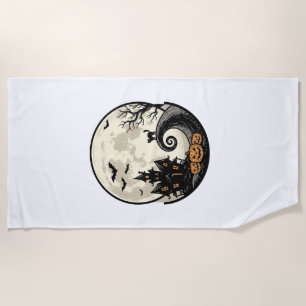 Vintage Halloween Cat Moon Haunted House Vector De Beach Towel