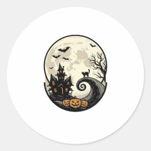 Vintage Halloween Cat Moon Haunted House Vector De Classic Round Sticker