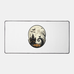 Vintage Halloween Cat Moon Haunted House Vector De Desk Mat