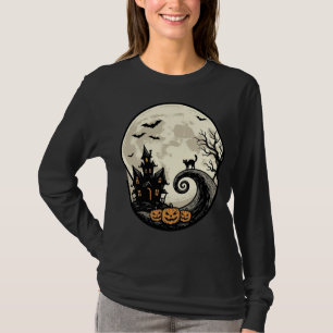 Vintage Halloween Cat Moon Haunted House Vector De T-Shirt