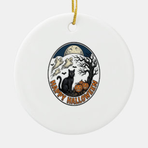 Vintage Halloween Cat Moonlit Ghost Badge_1 Ceramic Ornament