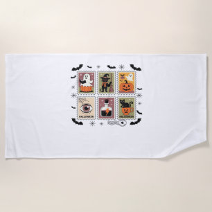 Vintage Halloween Cat Postage Stamp Collection T-s Beach Towel