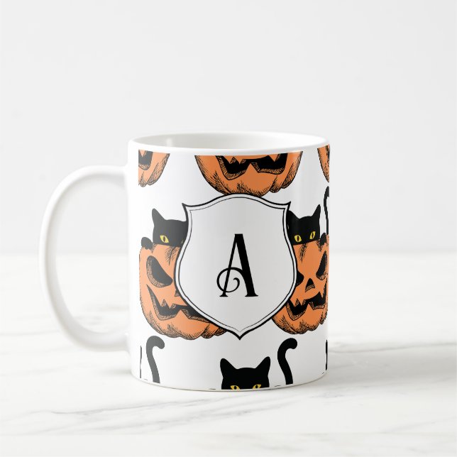 Vintage Halloween Cat Spooky Pattern Personalized Coffee Mug (Left)