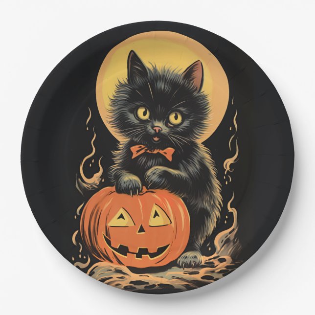Vintage Halloween Cat with Pumpkin Paper Plate (Front)