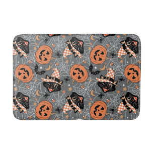 Vintage Halloween Cats and Pumpkins Pattern Bath Mat