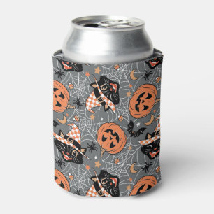 Vintage Halloween Cats and Pumpkins Pattern Can Cooler