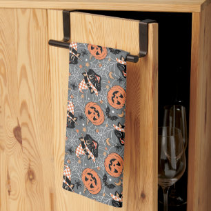 Vintage Halloween Cats and Pumpkins Pattern Kitchen Towel