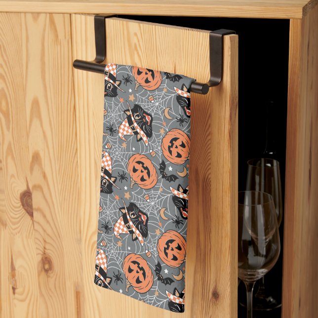 Vintage Halloween Cats and Pumpkins Pattern Kitchen Towel (Thirds Fold)
