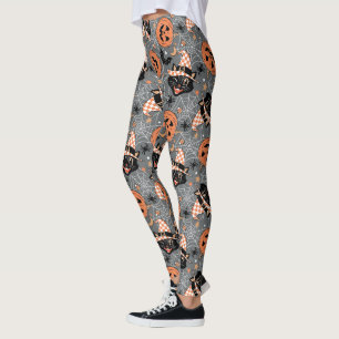 Vintage Halloween Cats and Pumpkins Pattern Leggings