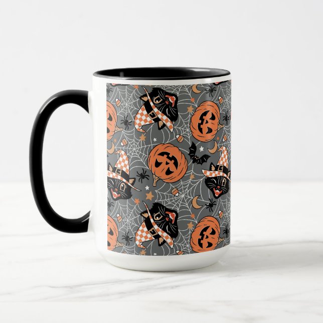 Vintage Halloween Cats and Pumpkins Pattern Mug (Left)