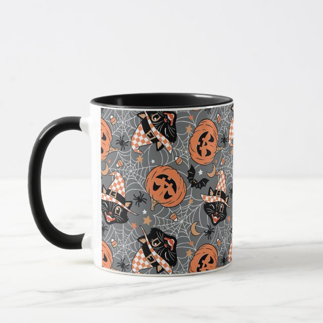 Vintage Halloween Cats and Pumpkins Pattern Mug (Left)