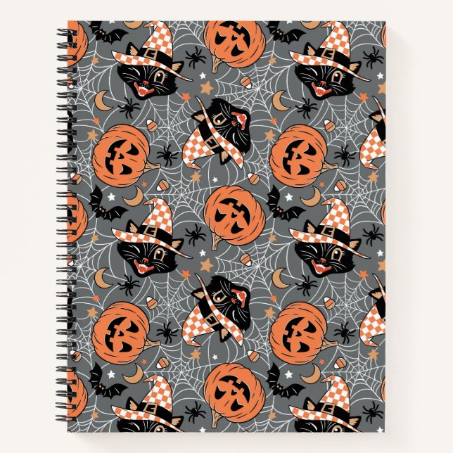Vintage Halloween Cats and Pumpkins Pattern Notebook (Front)
