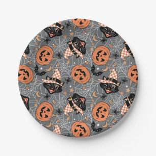 Vintage Halloween Cats and Pumpkins Pattern Paper Plate
