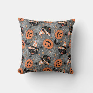Vintage Halloween Cats and Pumpkins Pattern Throw Pillow