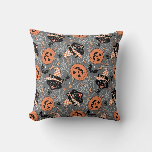 Vintage Halloween Cats and Pumpkins Pattern Throw Pillow (Front)