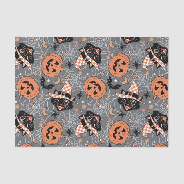 Vintage Halloween Cats and Pumpkins Pattern Tissue Paper (Front)