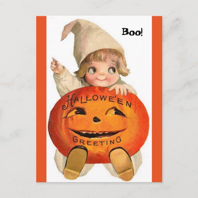 Vintage Halloween Child & Pumpkin Postcard (Front)