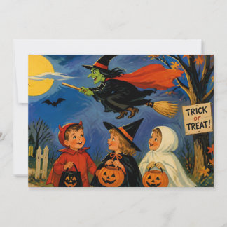 Vintage Halloween Children and Flying Witch Holiday Card