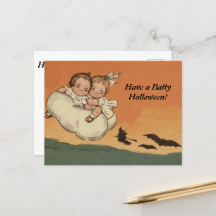 Vintage Halloween Children Flying Bats Chasing Holiday Postcard
