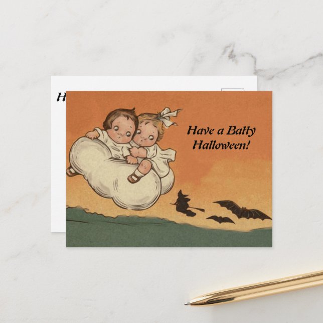 Vintage Halloween Children Flying Bats Chasing Holiday Postcard (Front/Back In Situ)
