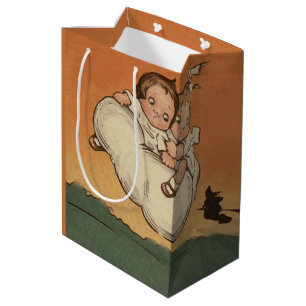 Vintage Halloween Children Flying Bats Chasing Medium Gift Bag