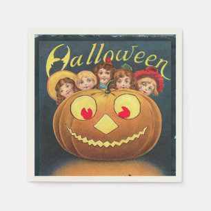 Vintage Halloween Children Hiding Behind Pumpkin Napkin