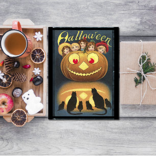 Vintage Halloween Children Hiding Behind Pumpkin Postcard