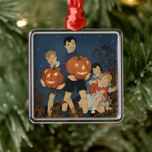 Vintage Halloween, Children holding Pumpkins Metal Ornament