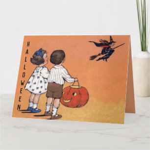 Vintage Halloween Children Witch Pumpkin Card