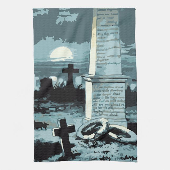 Vintage Halloween, Creepy Cemetery with Graves Kitchen Towel (Vertical)