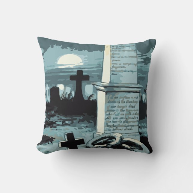 Vintage Halloween, Creepy Cemetery with Graves Throw Pillow (Front)