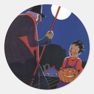 Vintage Halloween, Creepy Witch with Boy Classic Round Sticker