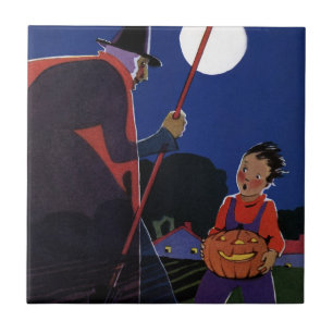 Vintage Halloween, Creepy Witch with Boy Tile