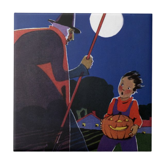 Vintage Halloween, Creepy Witch with Boy Tile (Front)