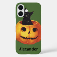 Vintage Halloween, Cute Black Cat in a Pumpkin