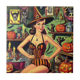 Vintage Halloween Cute Witch Pinup Tile