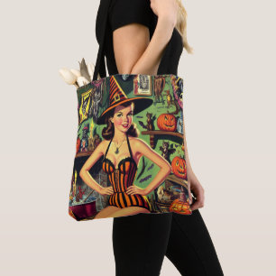Vintage Halloween Cute Witch Pinup Tote Bag